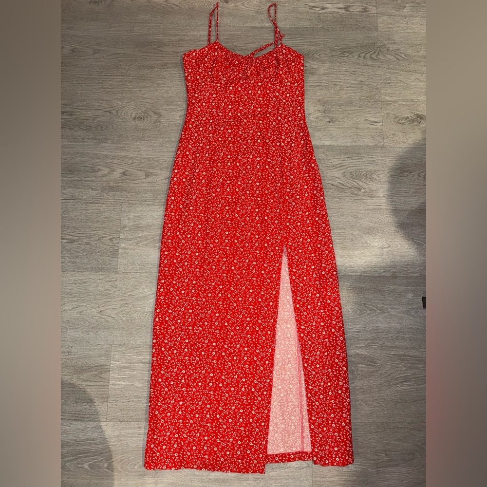 Zara red floral maxi dress with side slit